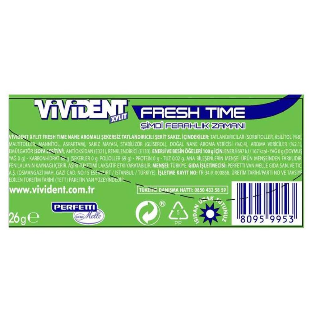 Vivident Fruit Sakız Nane Aromalı 26 G