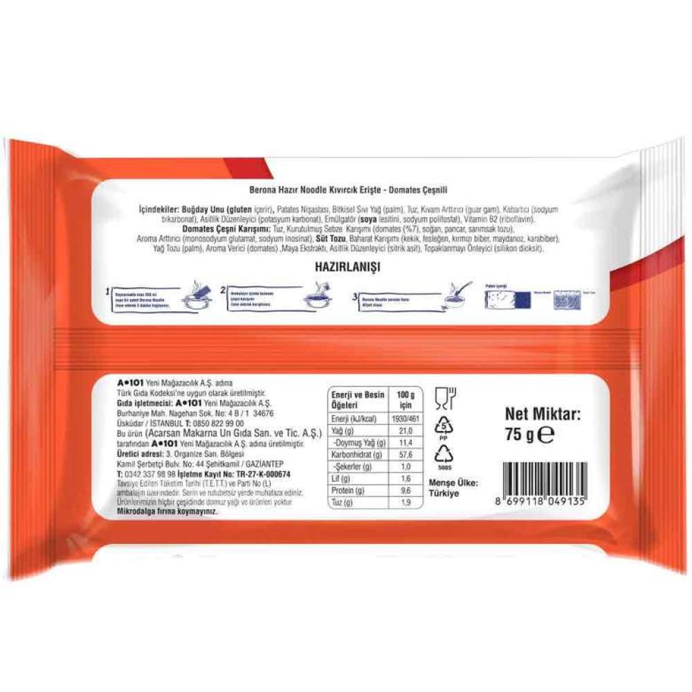 Berona Noodle Paket Domatesli 75 G