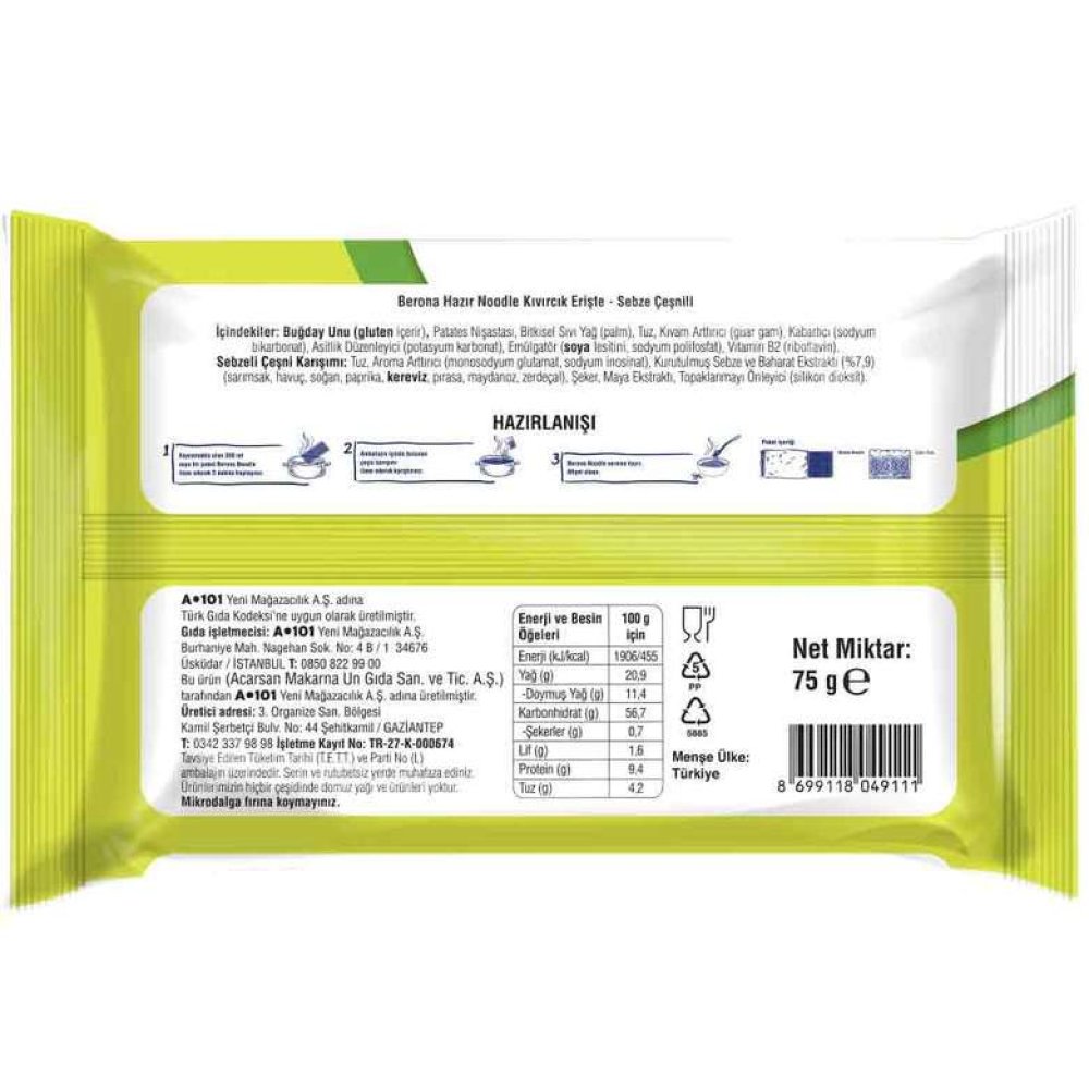 Berona Sebzeli Noodle Paket 75 G