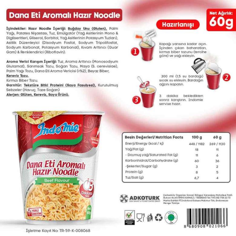 İndo Mie Noodle Bardak Dana Etli 60 g