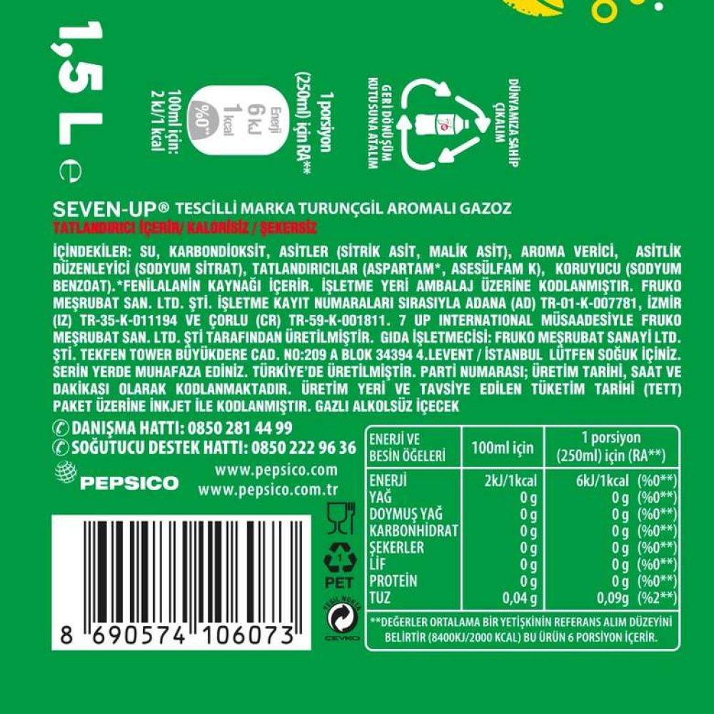 Seven Up Şekersiz Gazoz 1,5 L