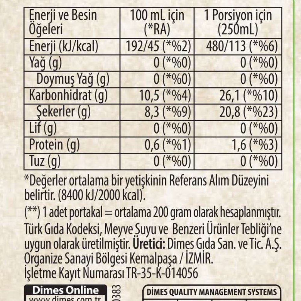 Dimes Meyve Suyu Sıkma Portakal 250 Ml