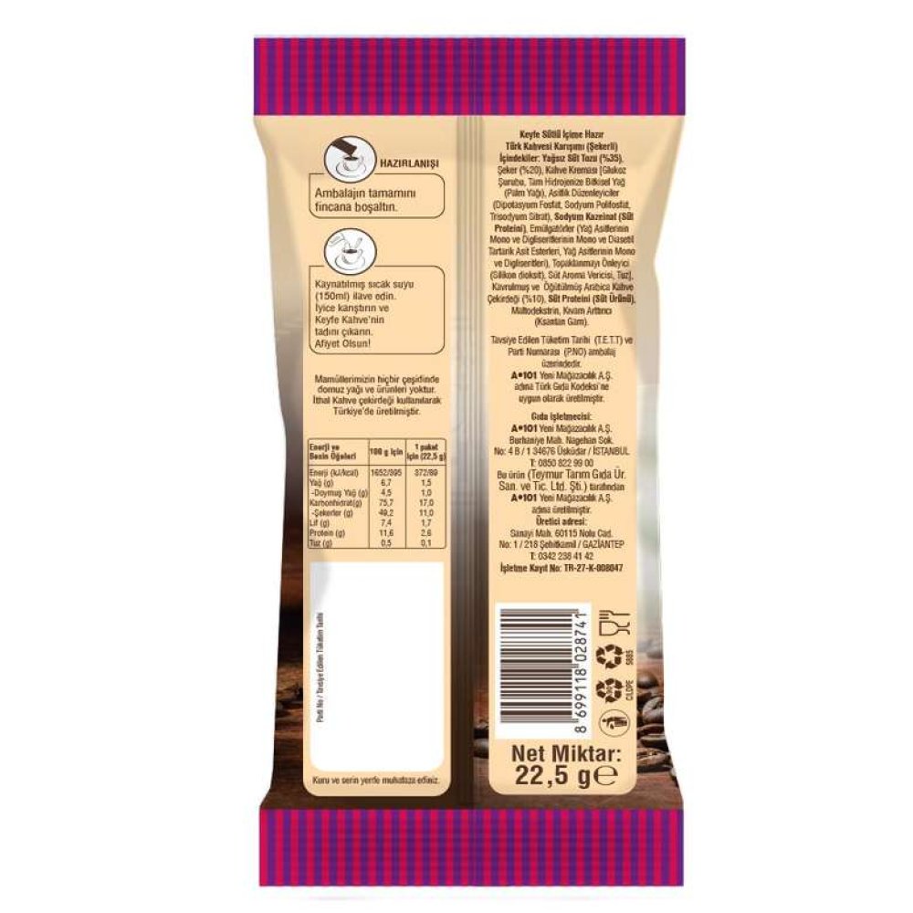 Keyfe Hazır Türk Kahvesi Sütlü Şekerli 22,5 g