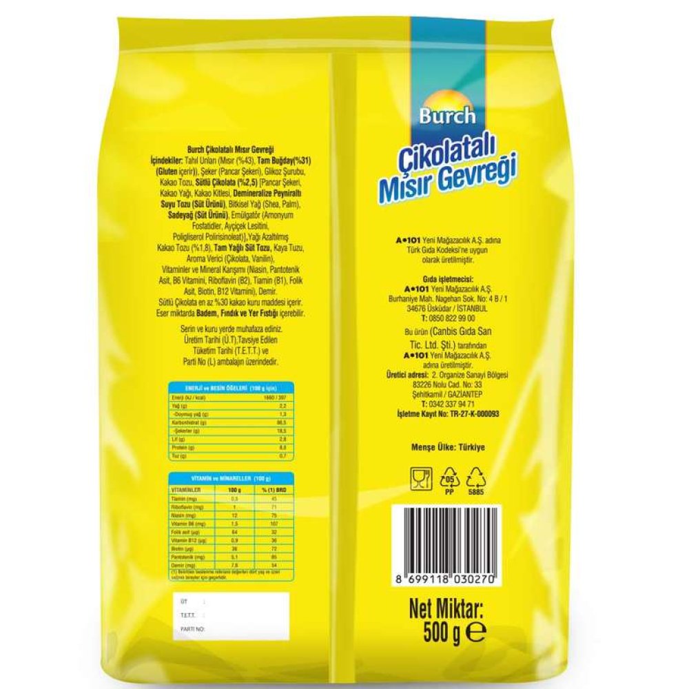 Burch Kakaolu Mısır Gevreği 500 G