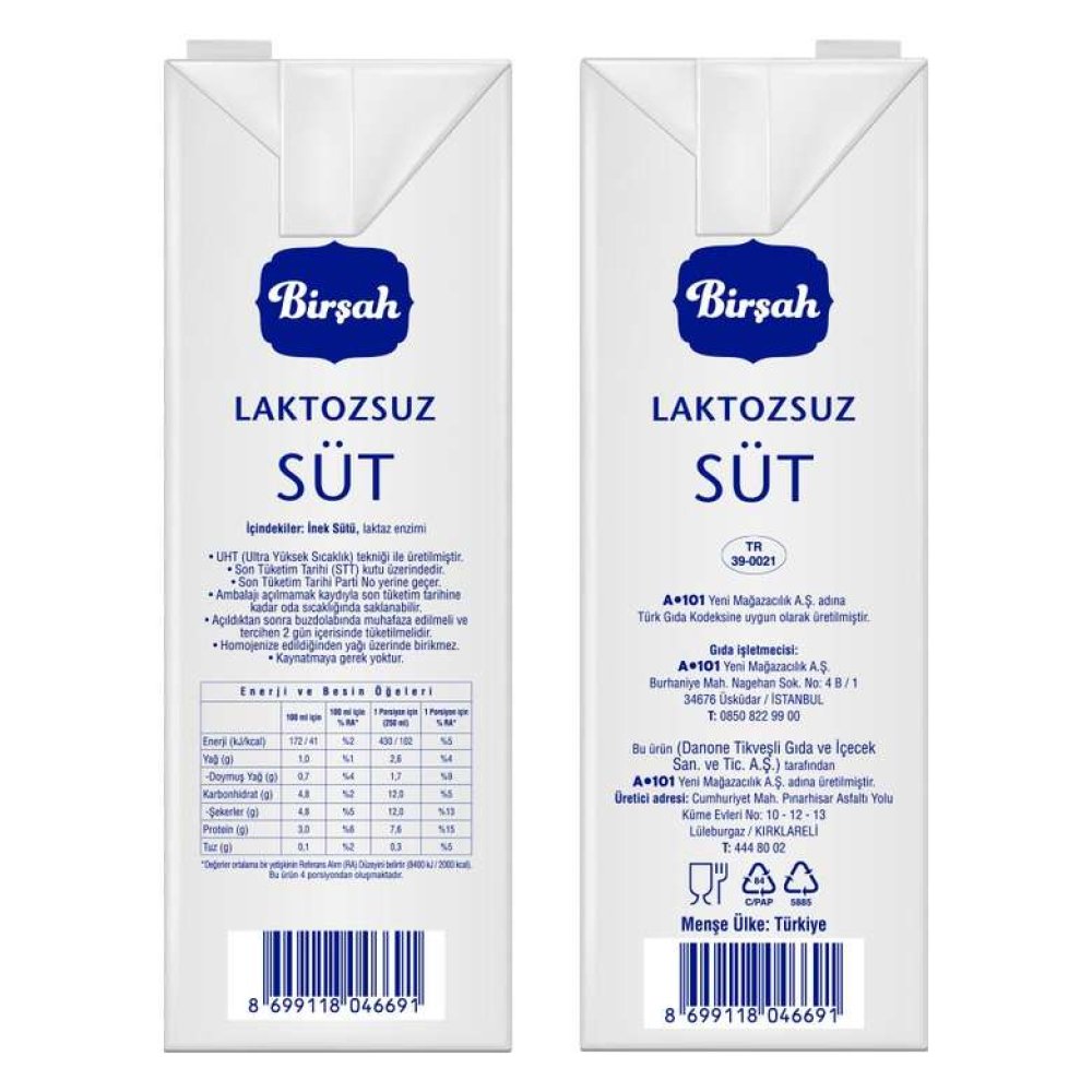 Birşah Süt Laktozsuz 1 L