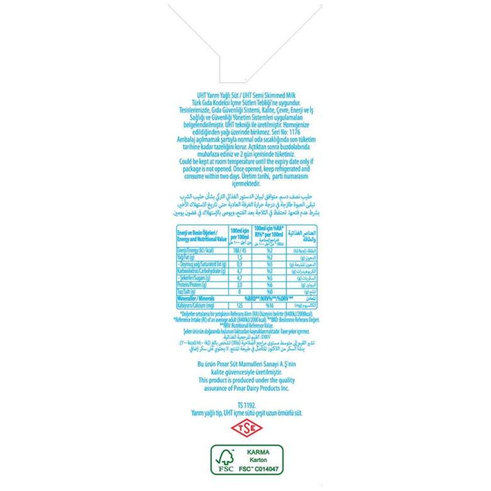 Pınar Süt Yarım Yağlı 500 Ml