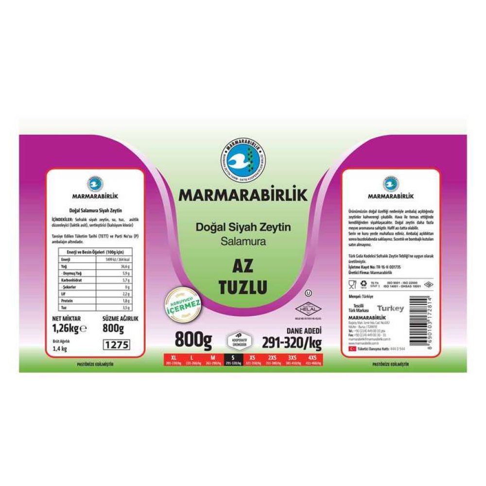 Marmarabirlik Siyah Zeytin Az Tuzlu S Kalori 800 G