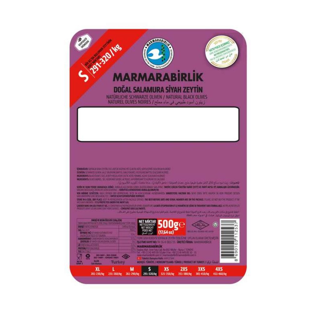Marmarabirlik Siyah Zeytin S Kalori 500 G