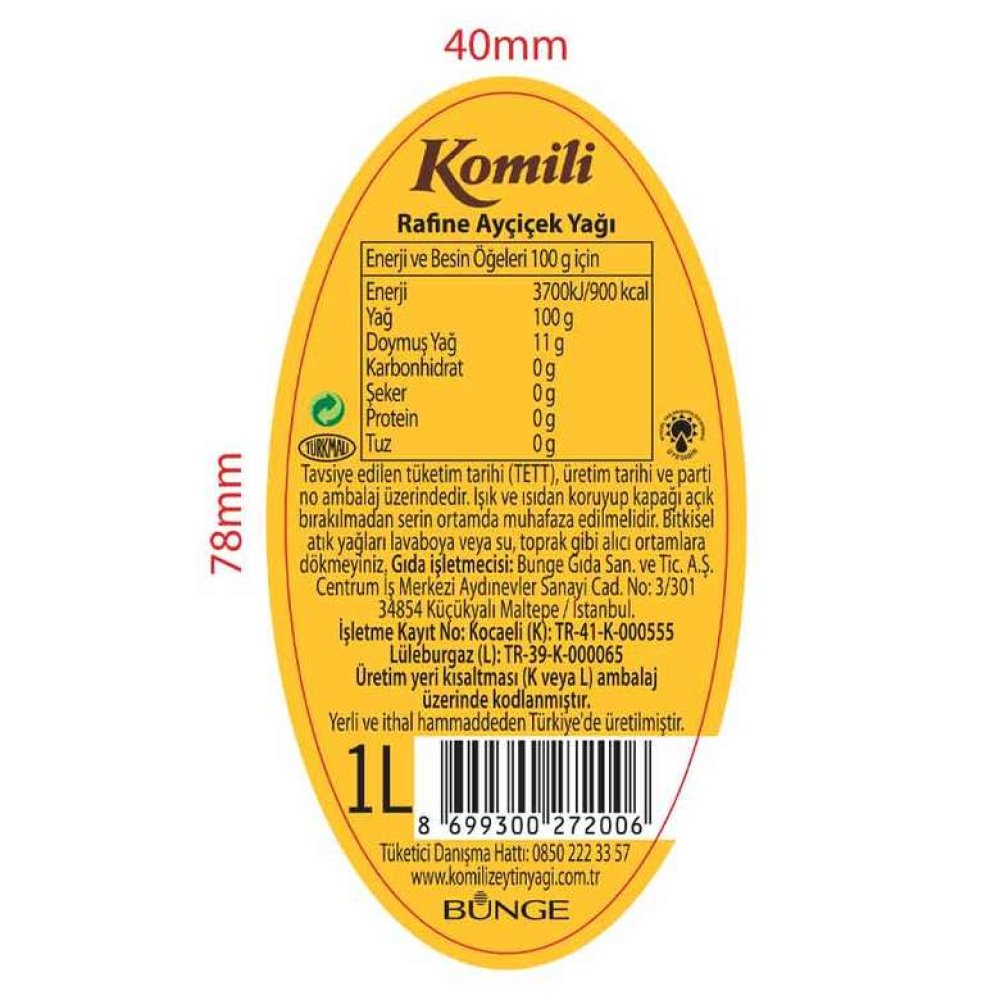 Ayçiçek Yağı 1 L Komili