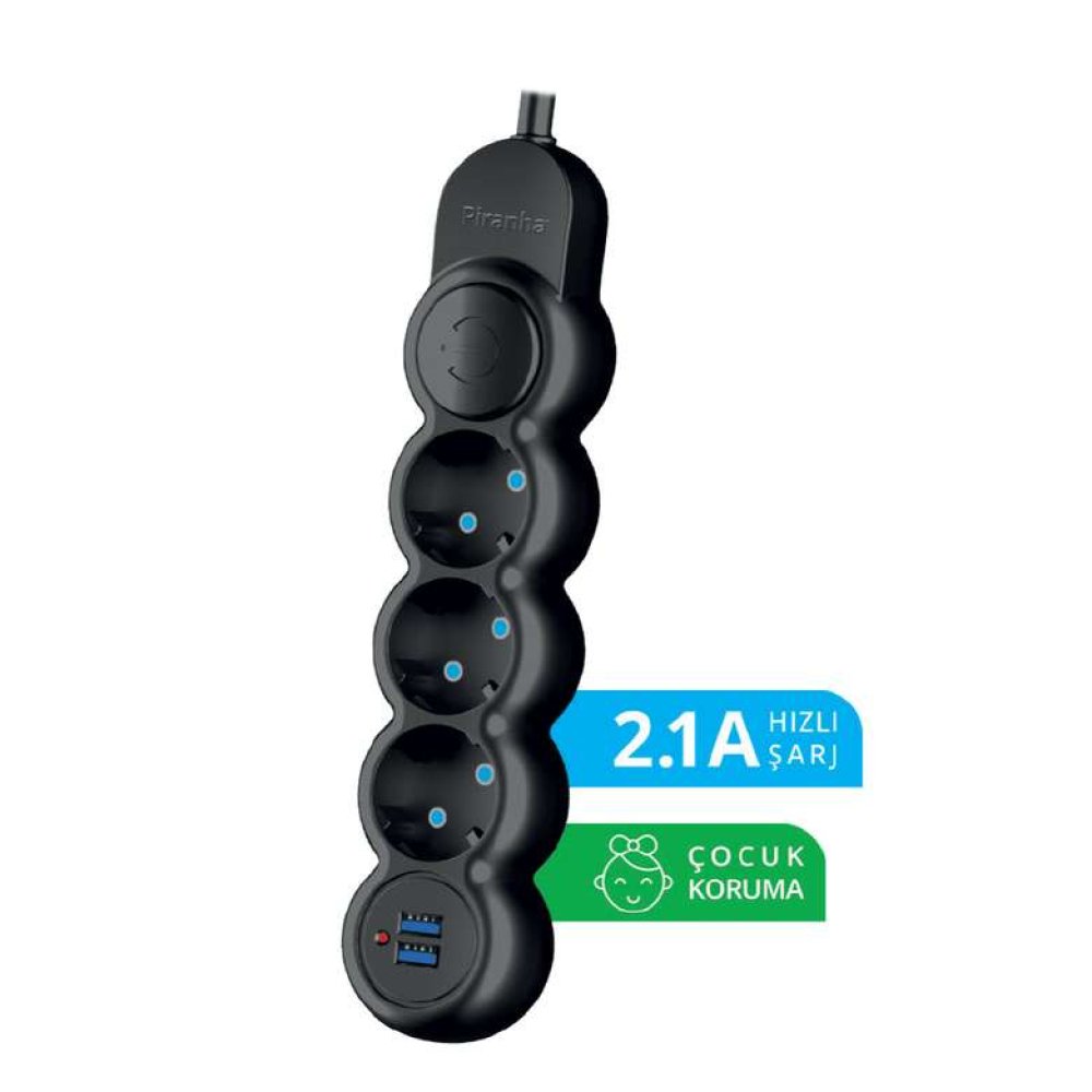 Piranha Akım Korumalı 2 USB'li Uzatma Kablosu
