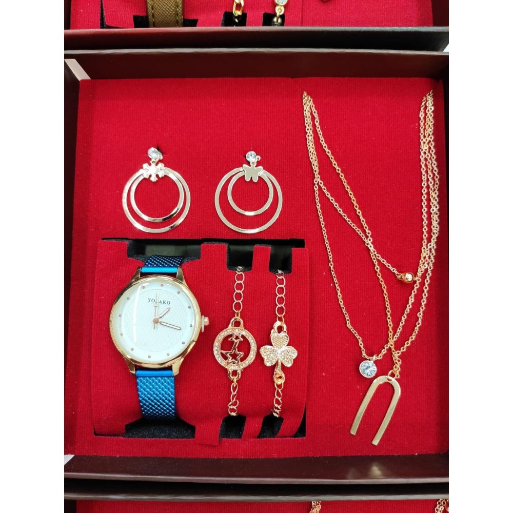Kolye Saat Bileklik Küpe 4'lü Set