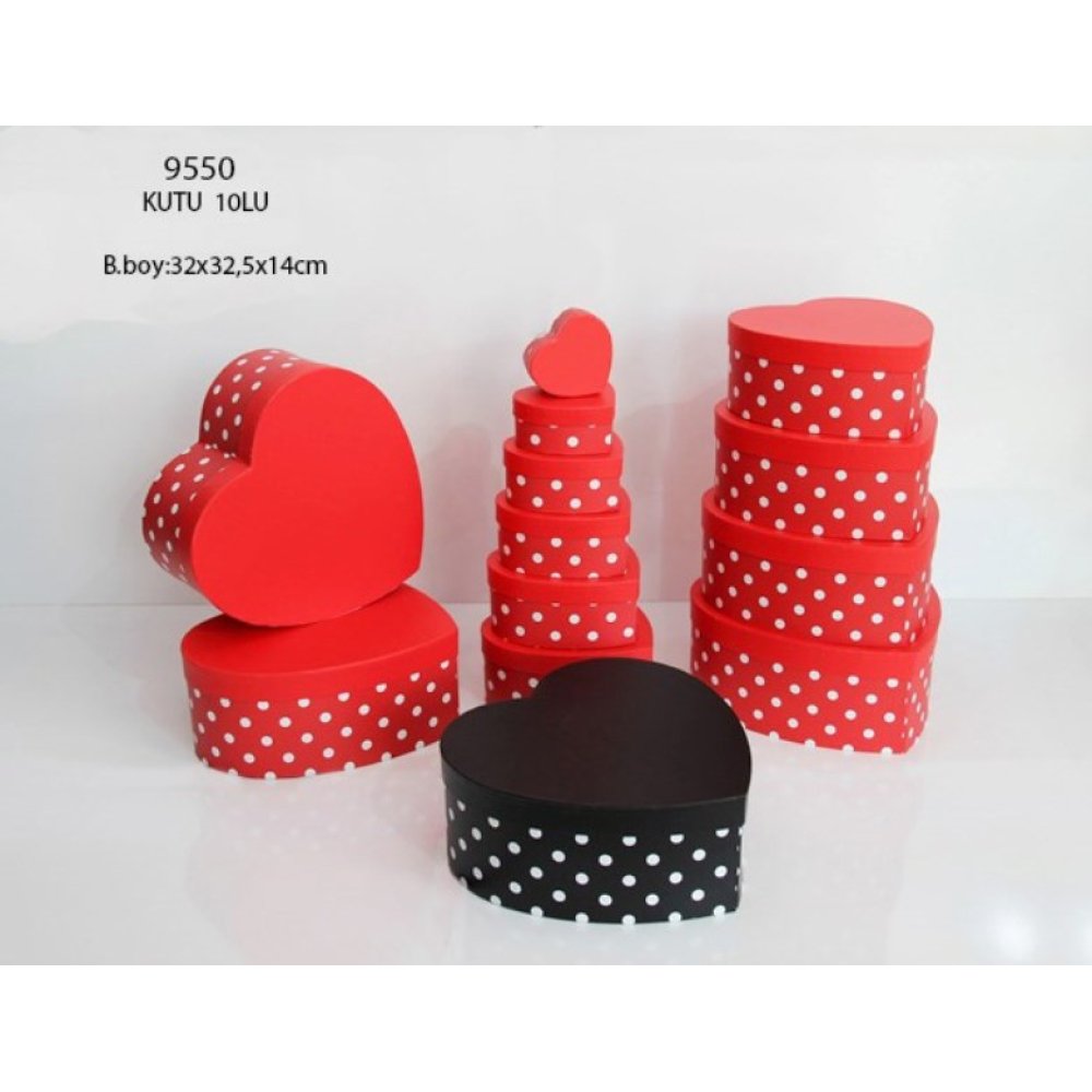 Toptan 10 lu İçi İçe Puantiyeli Kalp Hediye Kutusu