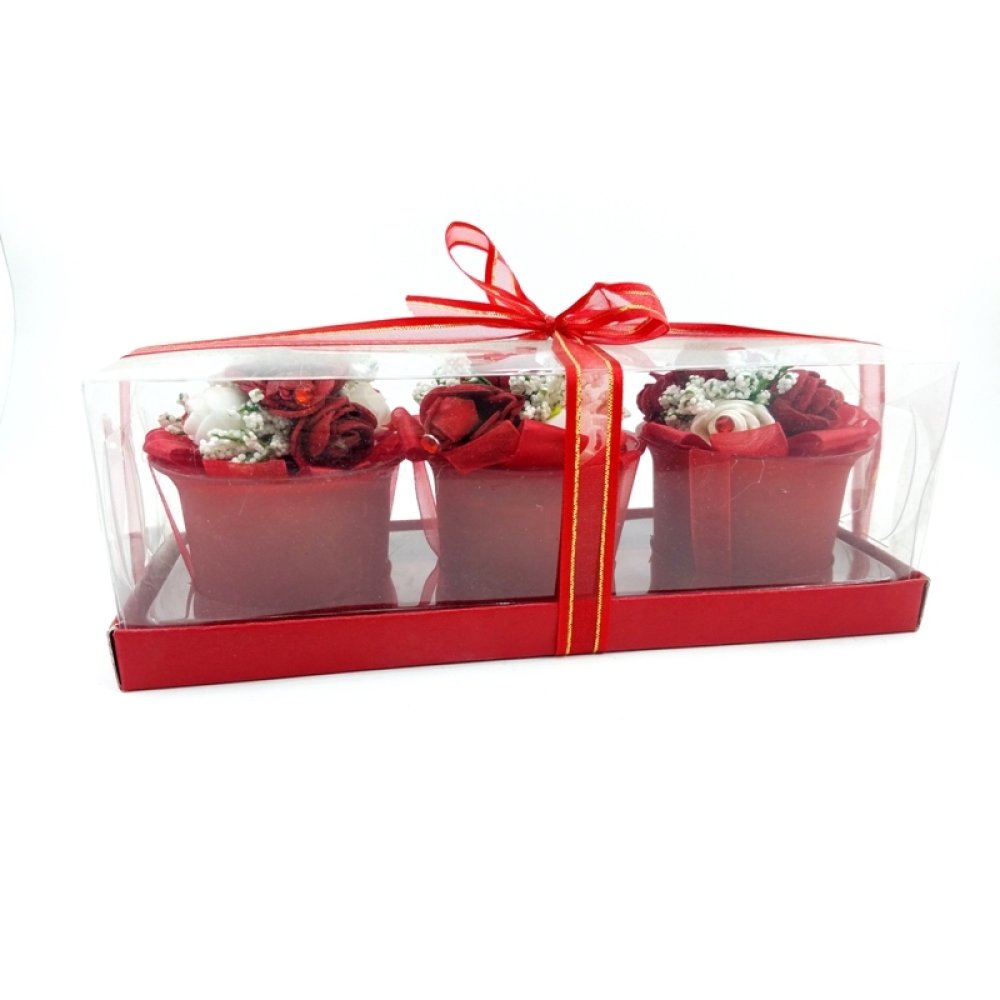 Toptan Cam Bardakta Süslenmiş Renkli Mum 3 lü