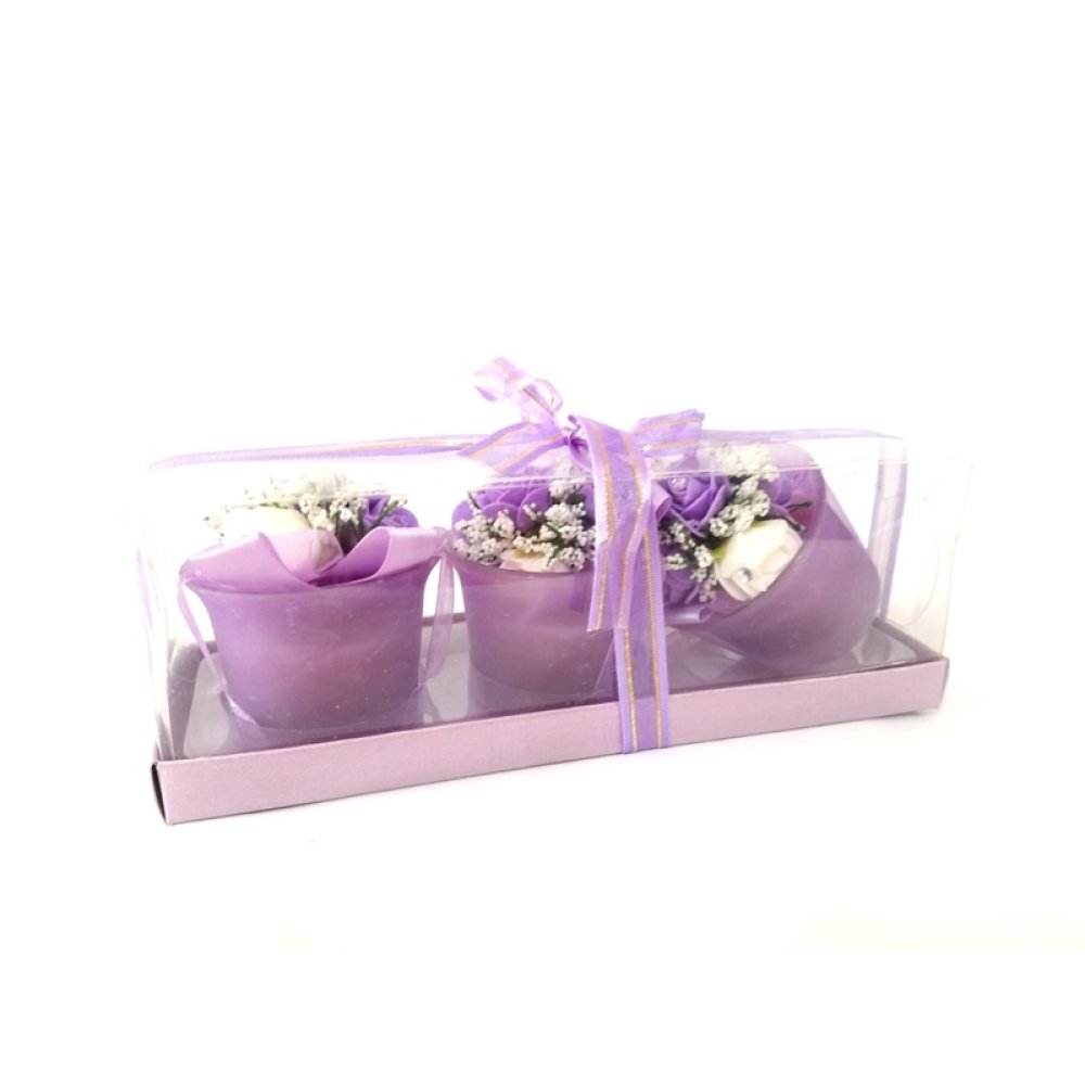 Toptan Cam Bardakta Süslenmiş Renkli Mum 3 lü