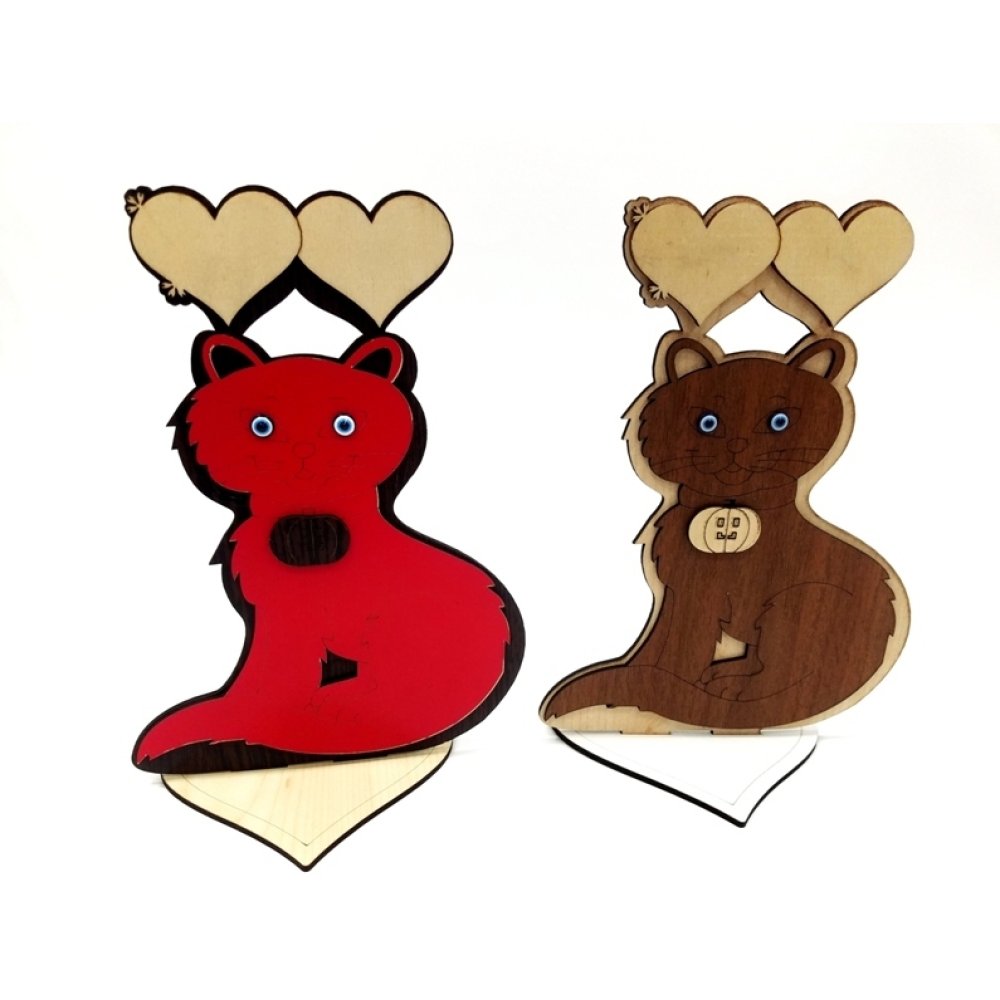 Toptan İsim Yazılan Kalpli Ahşap Kedi Biblo