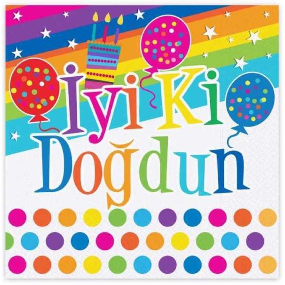 Toptan İyiki Doğdun Gökkuşağı Desenli Peçete 16 adet