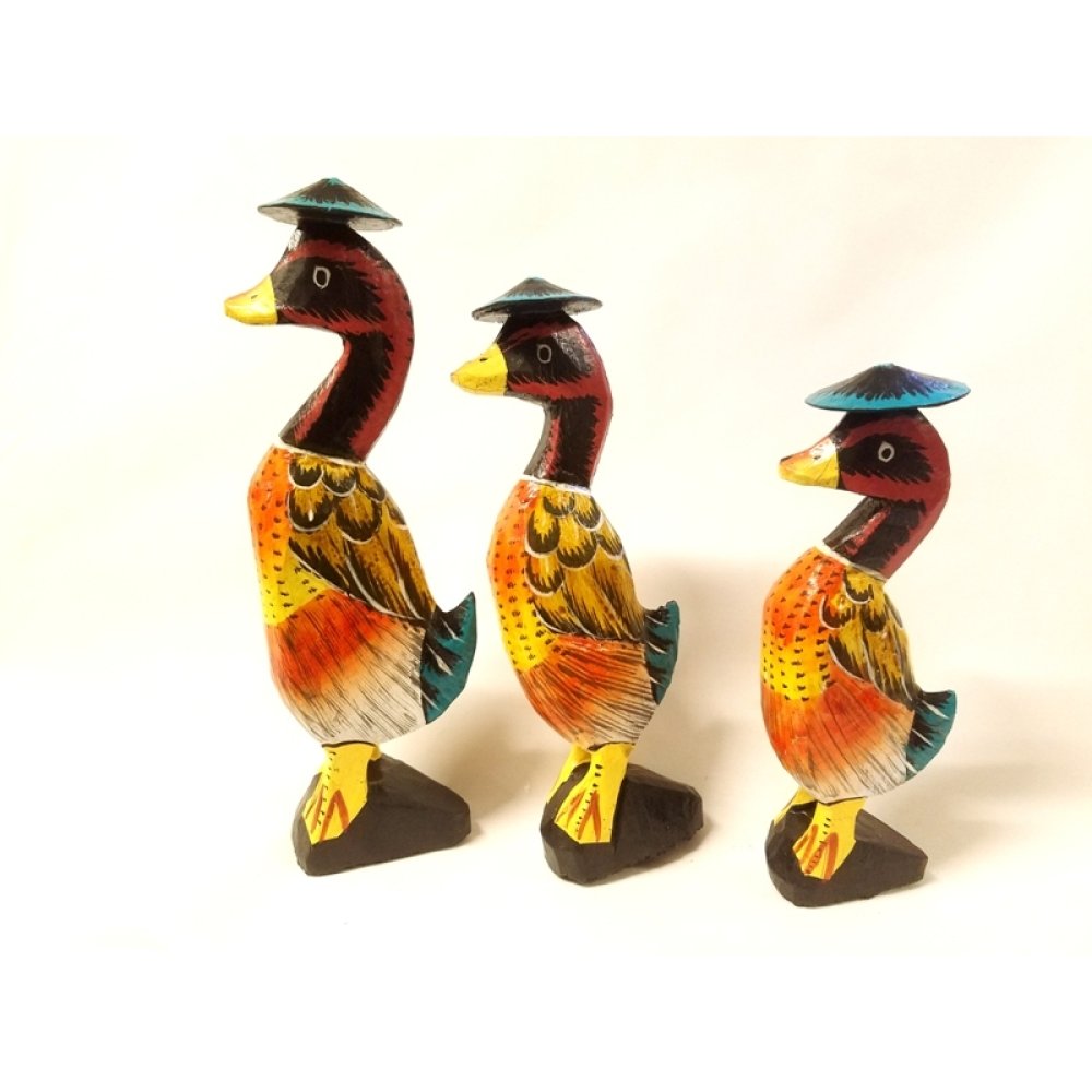 Toptan Renkli Ahşap 3 lü Ördek Biblo Seti