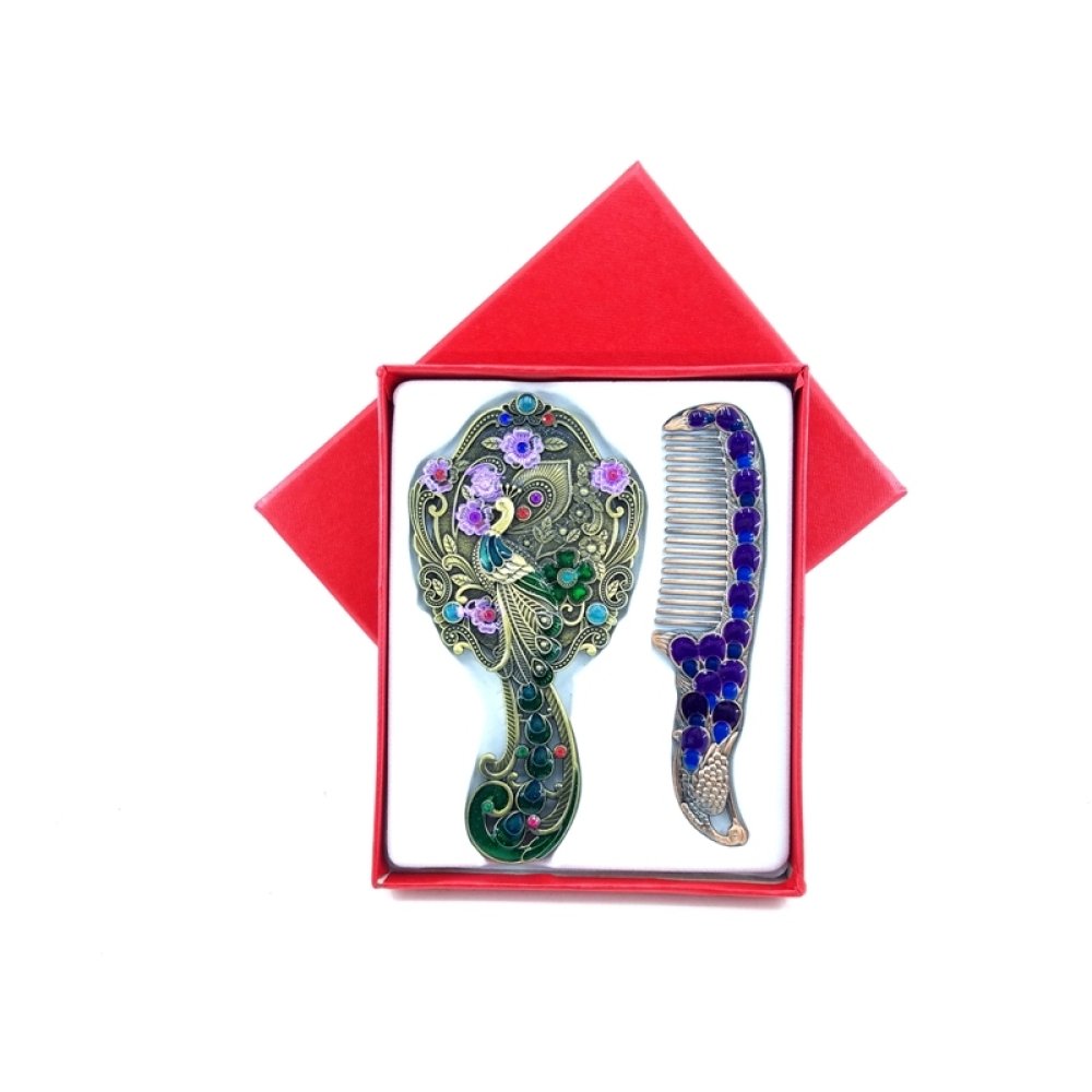 Toptan Tavus Kuşu Taşlı Ayna Tarak Seti