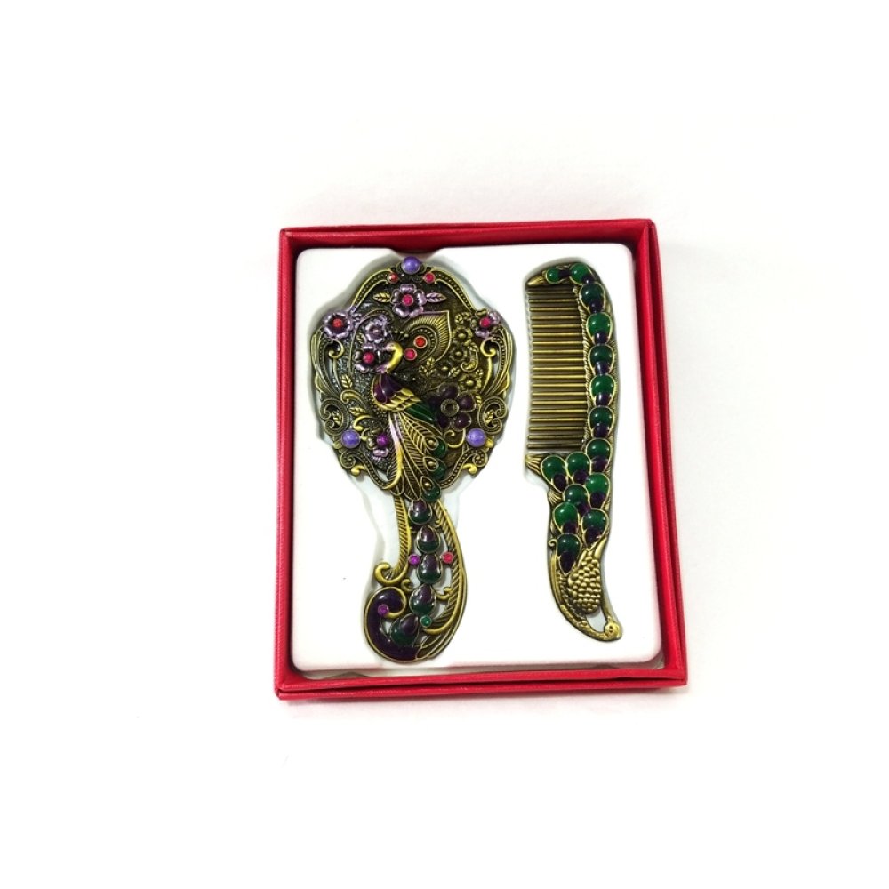 Toptan Tavus Kuşu Taşlı Ayna Tarak Seti