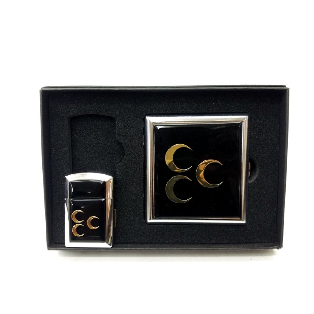 Toptan Üç Hilal Desenli Siyah Metal Tabaka Çakmak Seti