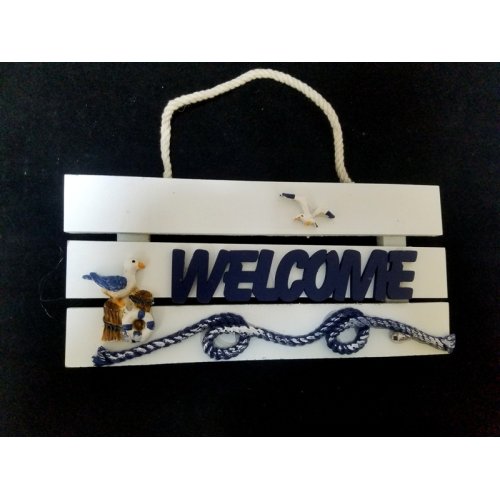 Toptan Yelkenli ve Martı Figürlü Deniz Kabuğu Detaylı Welcome Duvar Süsü