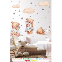 3'lü Uyuyan Ayıcık Bulutlar Ve Yıldızlar Çocuk Bebek Odası Sticker Seti