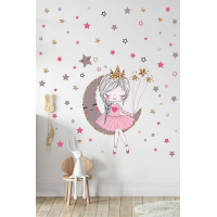 Ayda Oturan Sevimli Kız ve 140 Adet Yıldız Mega Set Çocuk Odası Duvar Sticker Seti.
