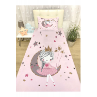 Pembe Ay Üstündeki Prenses Desenli Yatak Örtüsü Ve Yastık