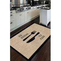 Dijital Baskılı Kaymaz Jüt Görünümlü Kitchen Yazılı Siyah Çerçeveli Mutfak Halısı-d5034