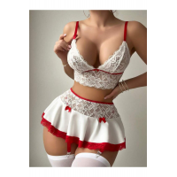 Beyaz Lastikli Dantelli Fantazi Kostüm,Kadın Seksi 3 Parça Jartiyer Takım,Erotik İç Çamaşırı