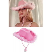 Pembe Tüylü Y2k Barbie Kovboy Şapka